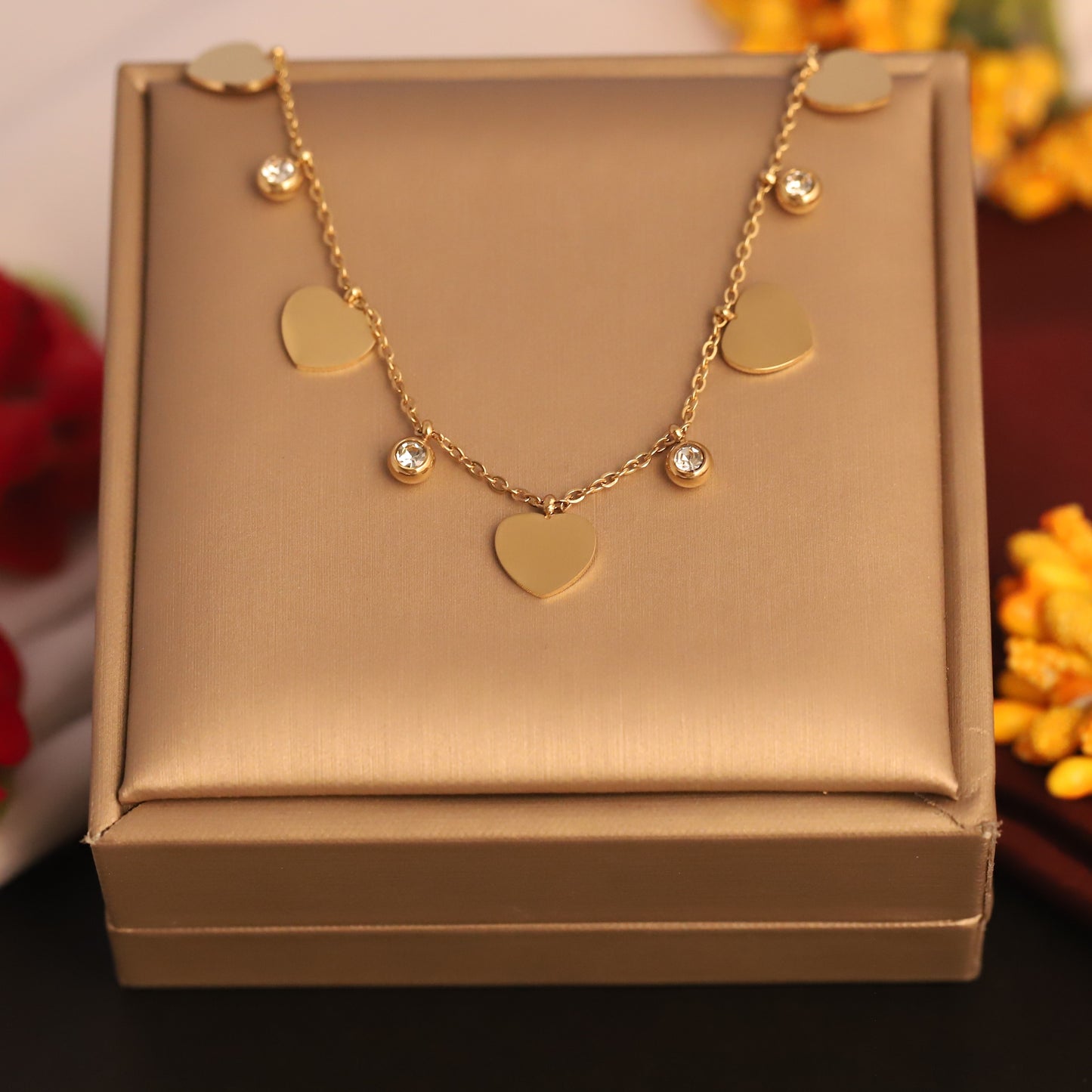 Heart & Crystal Charm Necklace | Gold Delicate Statement Jewelry