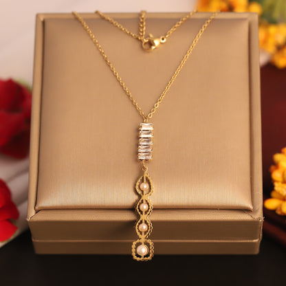 Layered Baguette Crystal & Pearl Necklace | Gold Delicate Statement