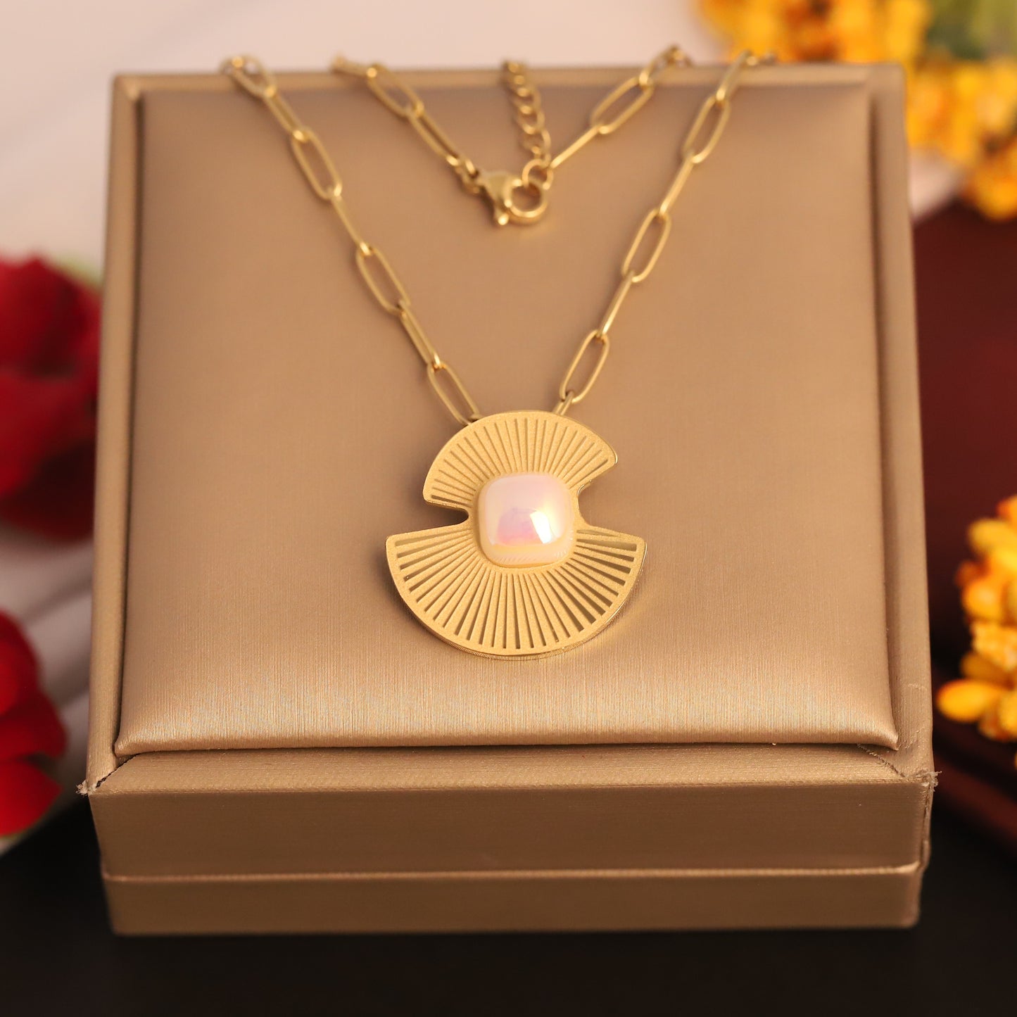 Art Deco Mother of Pearl Necklace | Gold Paperclip Chain Jewelry