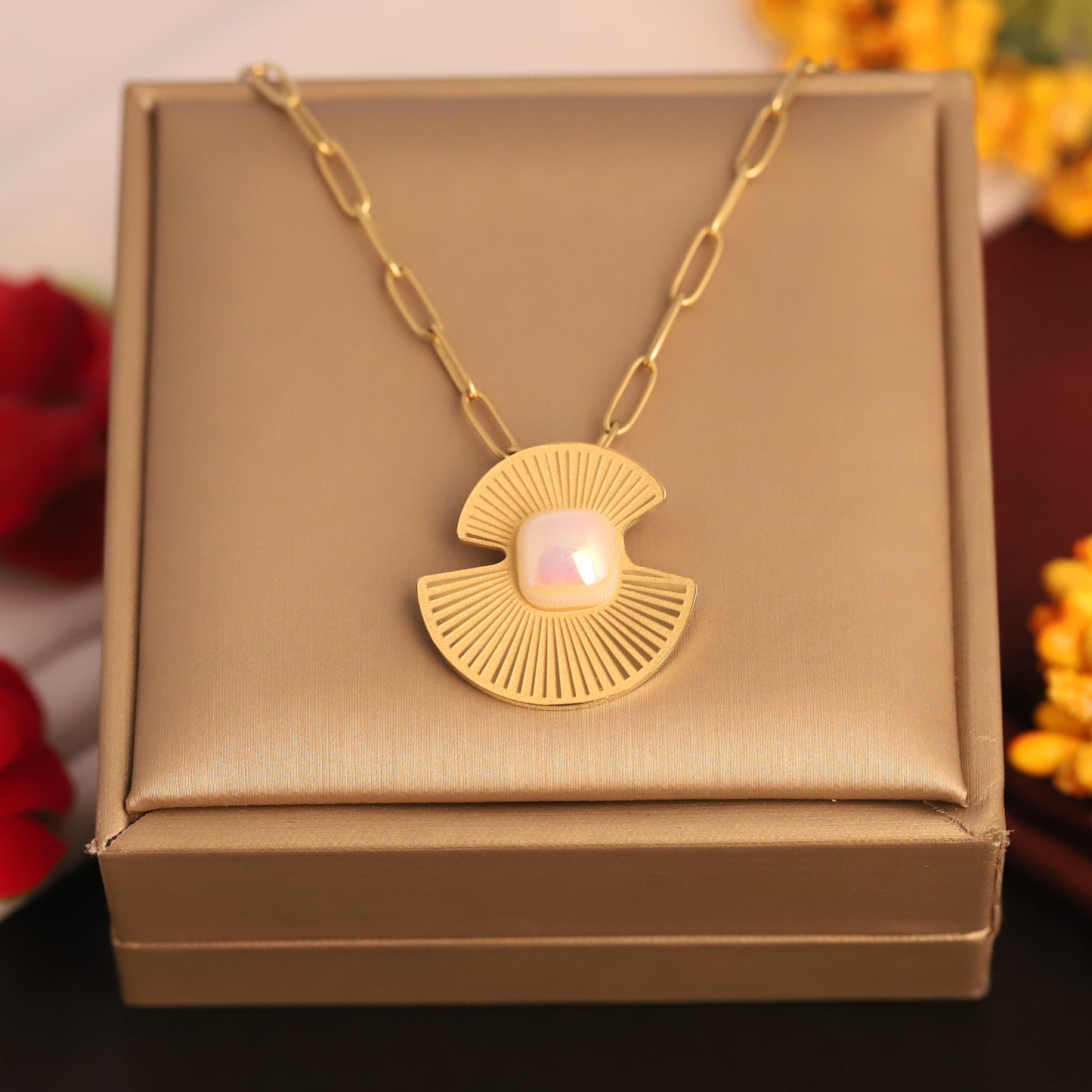 Art Deco Mother of Pearl Necklace | Gold Paperclip Chain Jewelry