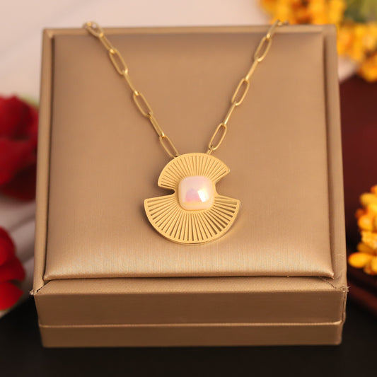 Art Deco Mother of Pearl Necklace | Gold Paperclip Chain Jewelry