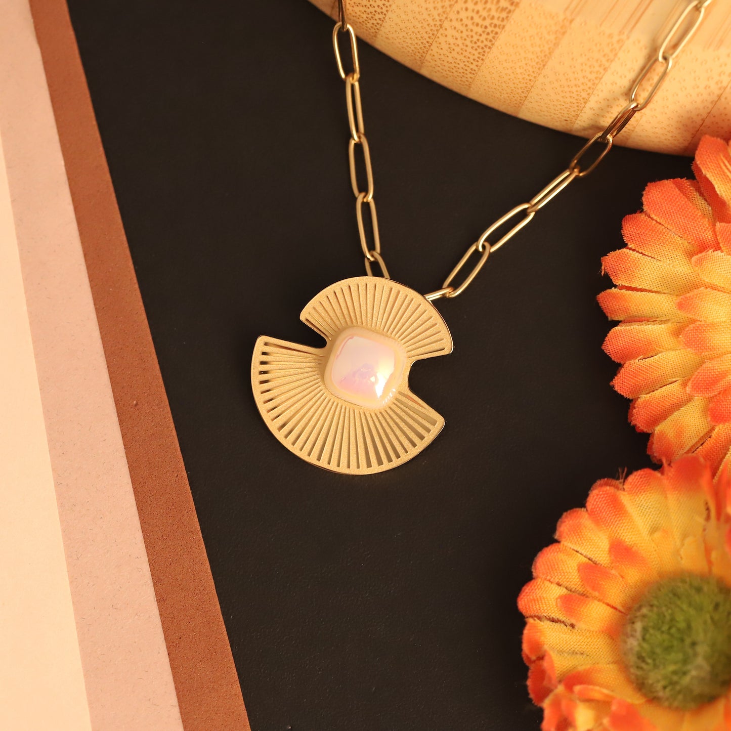 Art Deco Mother of Pearl Necklace | Gold Paperclip Chain Jewelry