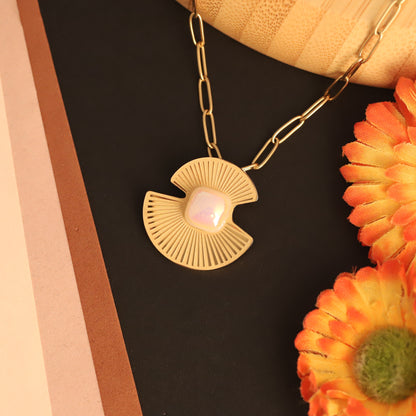 Art Deco Mother of Pearl Necklace | Gold Paperclip Chain Jewelry