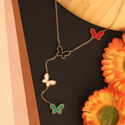 Colorful Butterfly Drop Pendant- Gold Chain, Enamel Butterflies | Whimsical Dainty Jewelry