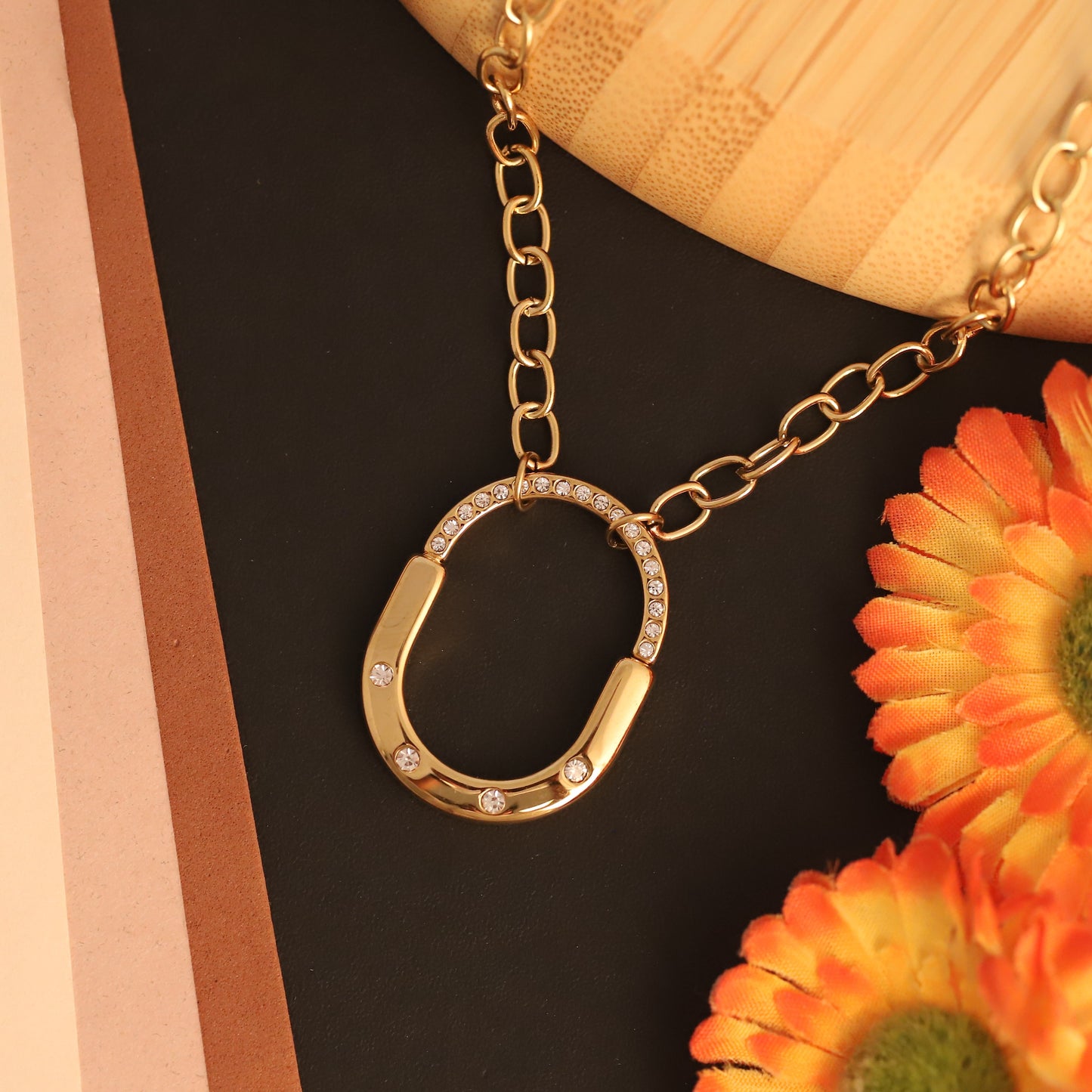 Horseshoe Crystal Pendant Necklace | Chunky Gold Statement Jewelry