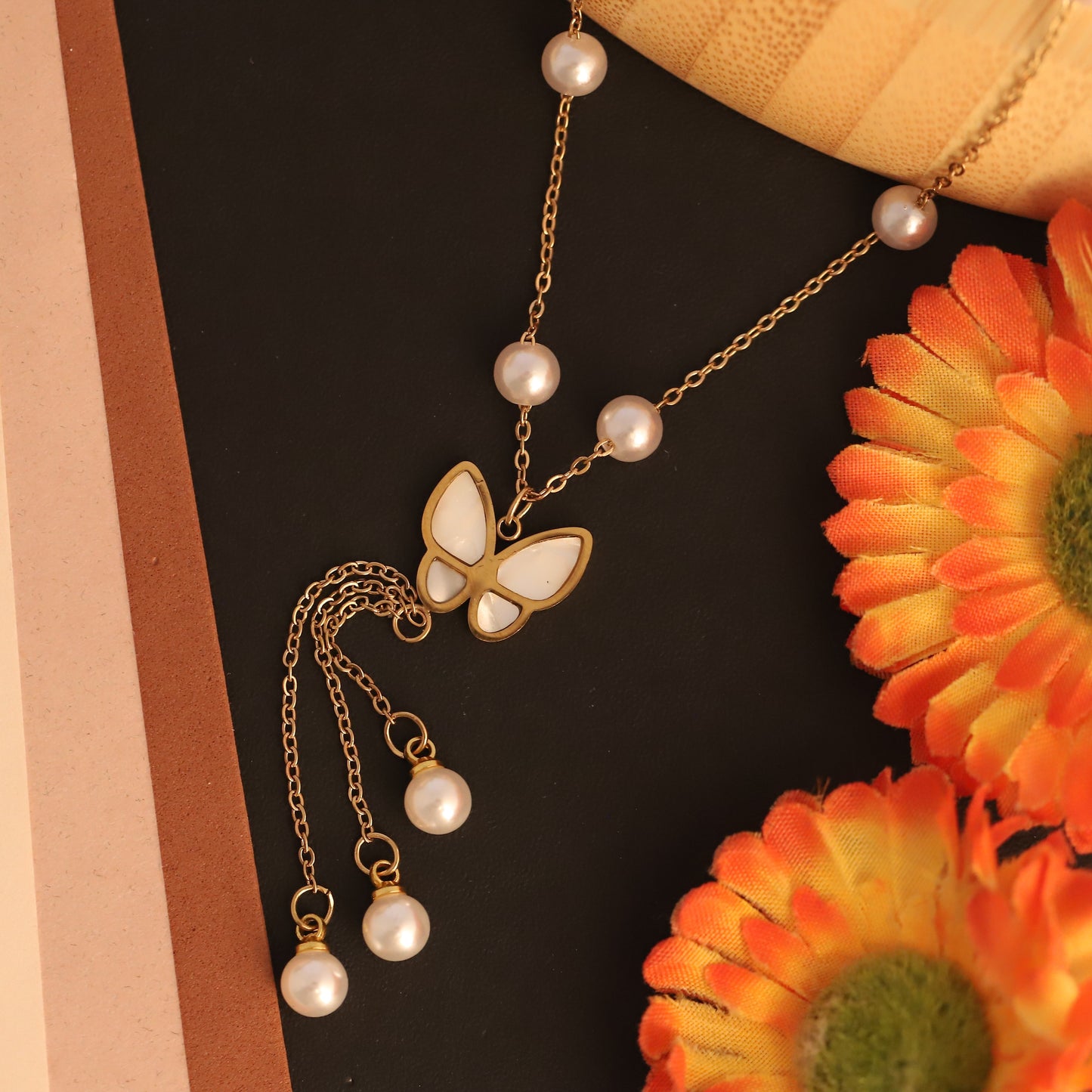Gold Butterfly & Pearl Lariat Necklace - Dainty & Elegant Y-Shape Pendant