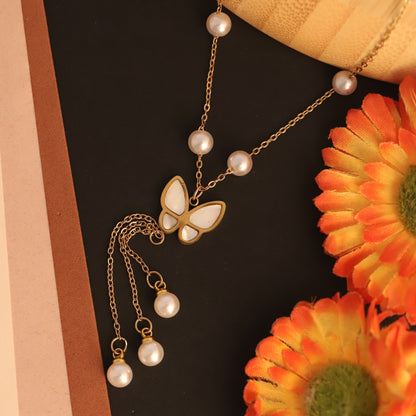 Gold Butterfly & Pearl Lariat Necklace - Dainty & Elegant Y-Shape Pendant