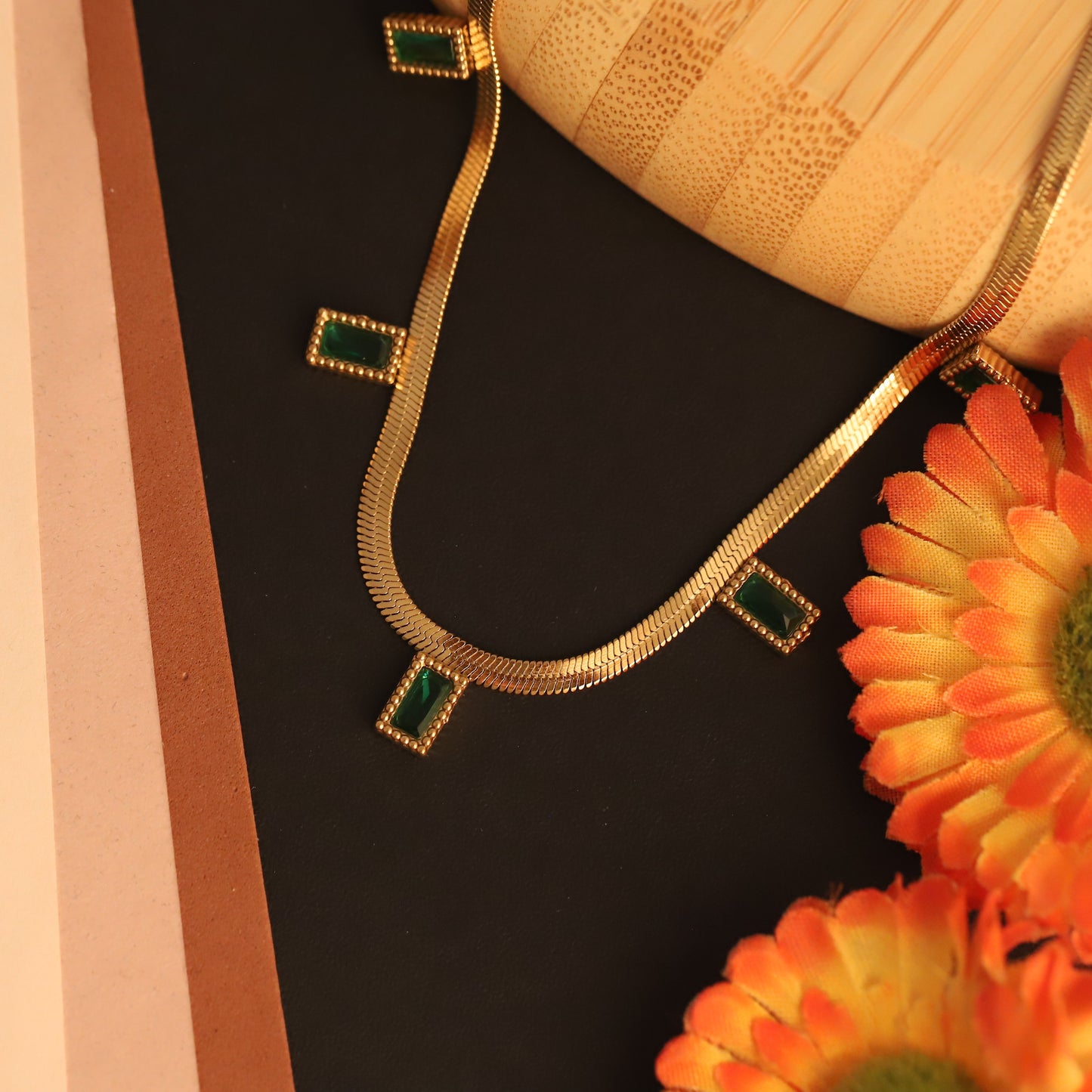 Emerald Accent Gold Snake Chain Necklace | Minimalist Gemstone Jewelry