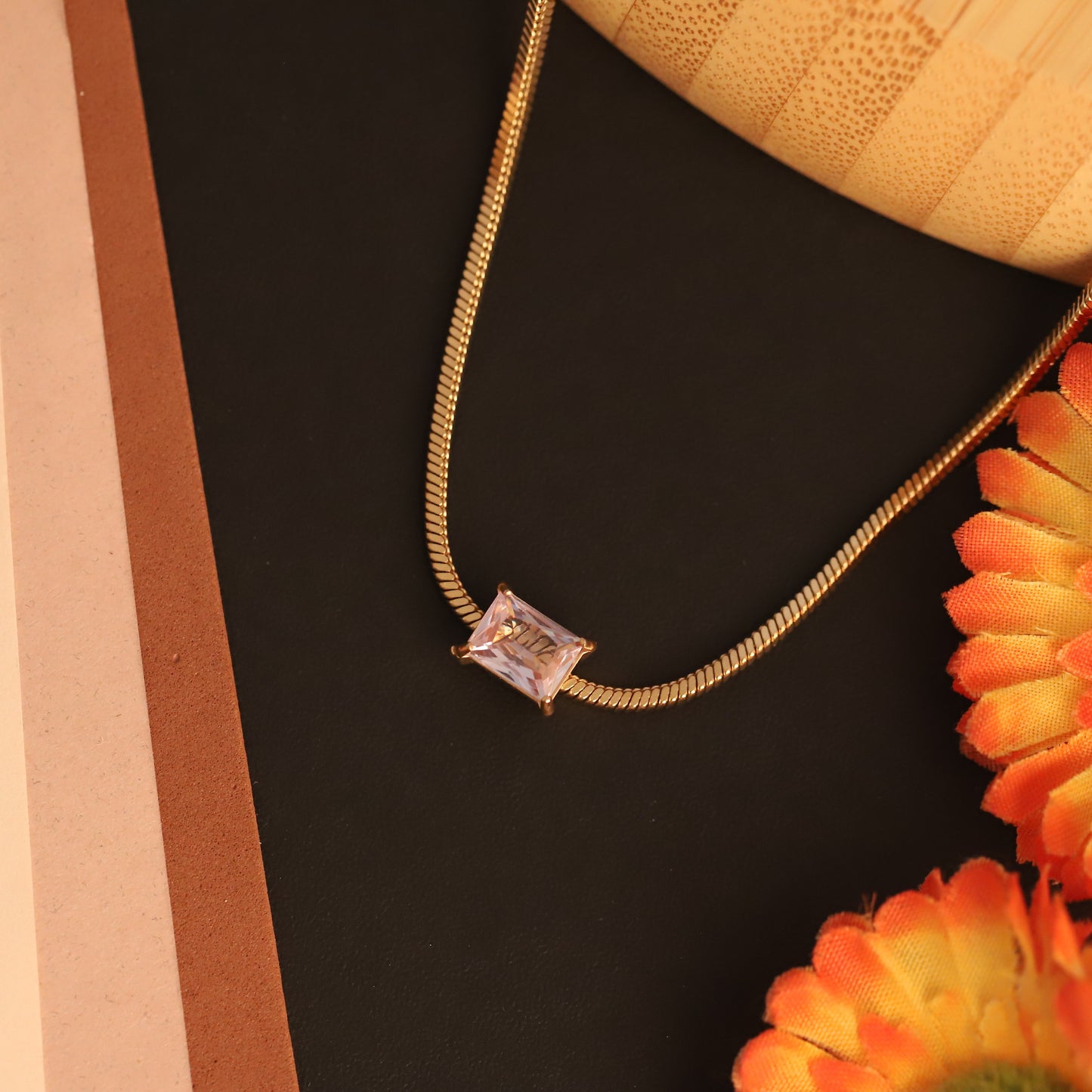 Dainty Gold Herringbone Necklace with Rectangular Crystal Pendant - Minimalist Chic