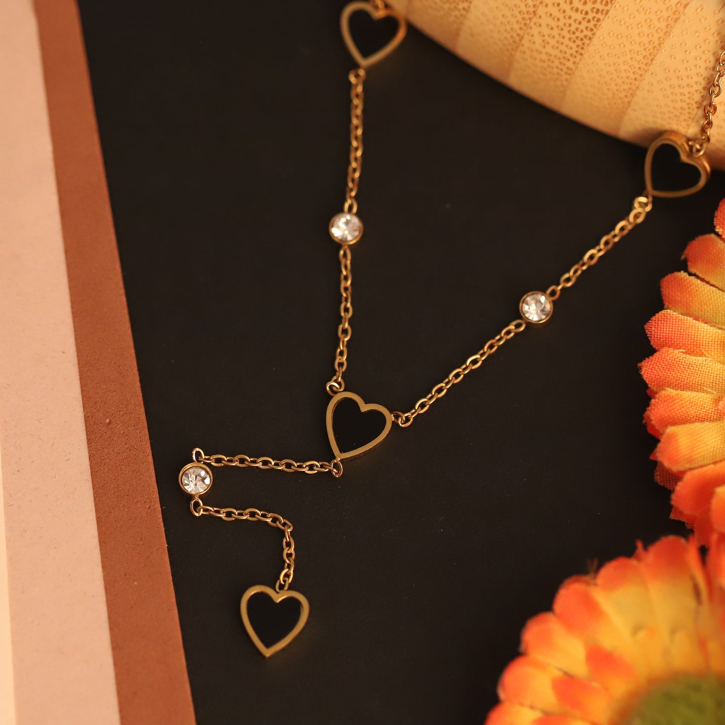 Layered Black Heart & Crystal Y Necklace | Gold Dainty Jewelry