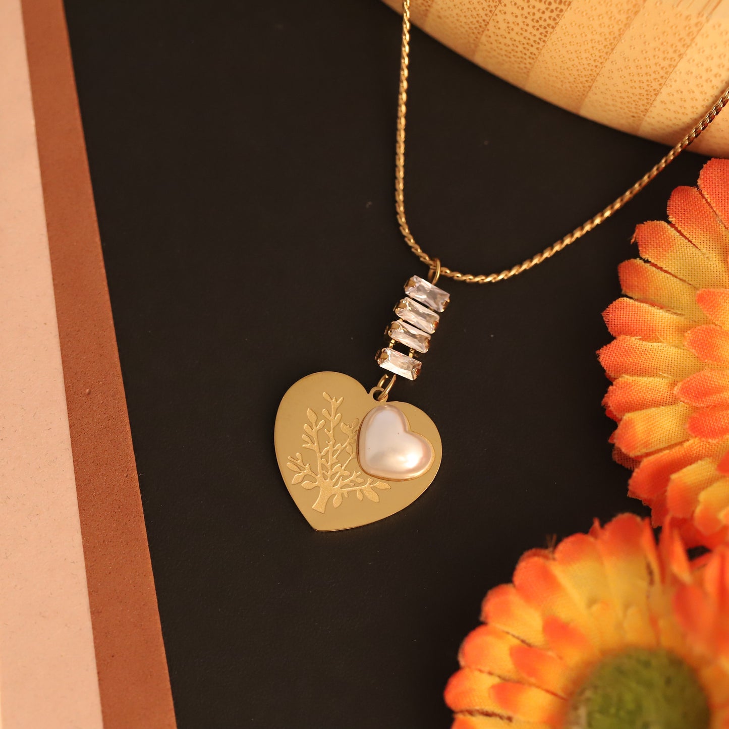 Tree of Life Heart Pendant Necklace | Gold Plated Baguette Crystal Jewelry