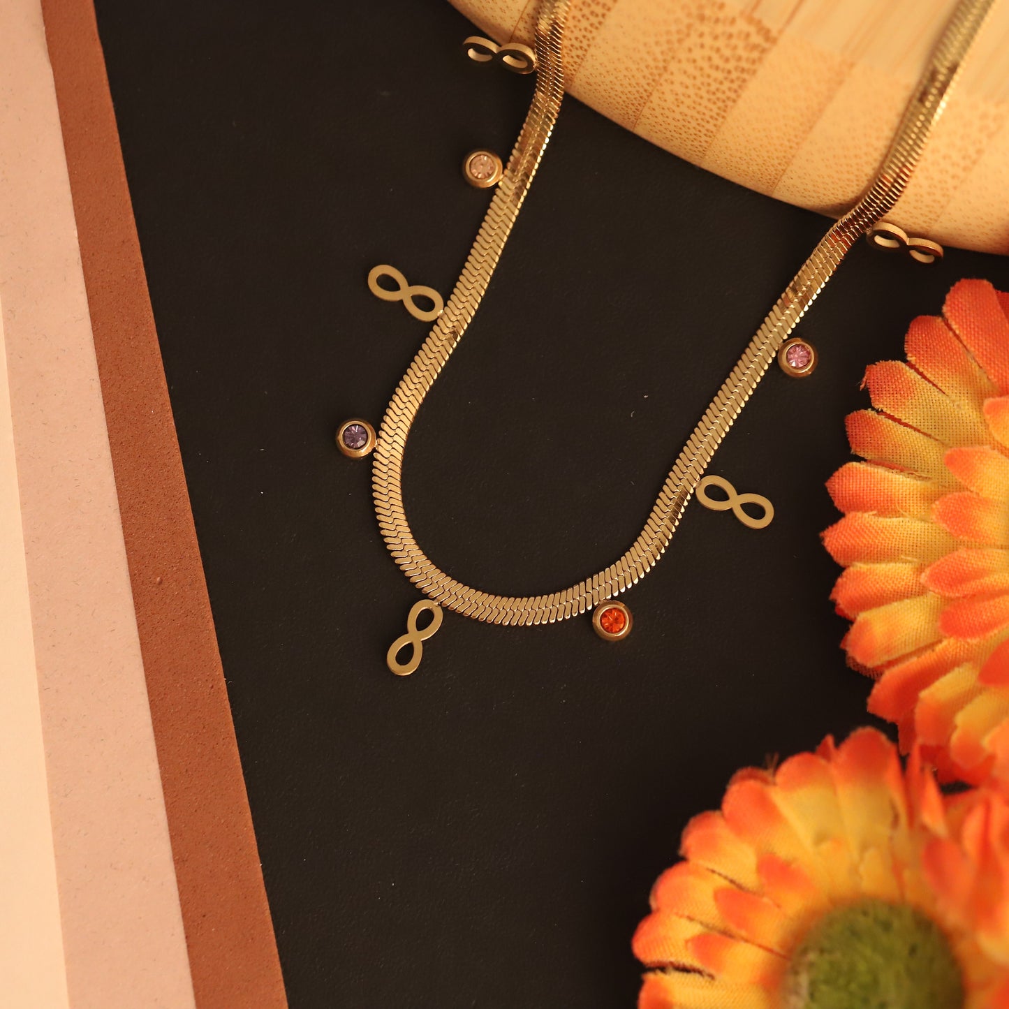 Gold Infinity & Gemstone Snake Chain Necklace - Stainless Steel | Eternity Symbol Jewelry