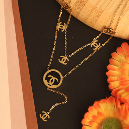 Elegant Gold Plated Layered CC Logo Necklace Set - Women's Fashion Jewelry