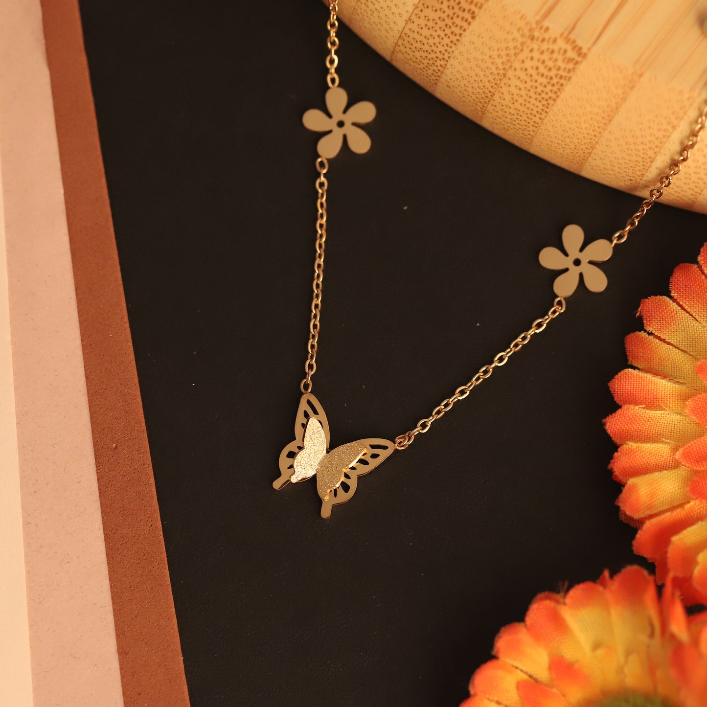 Dainty Gold Butterfly & Flower Pendant - Stainless Steel Jewelry