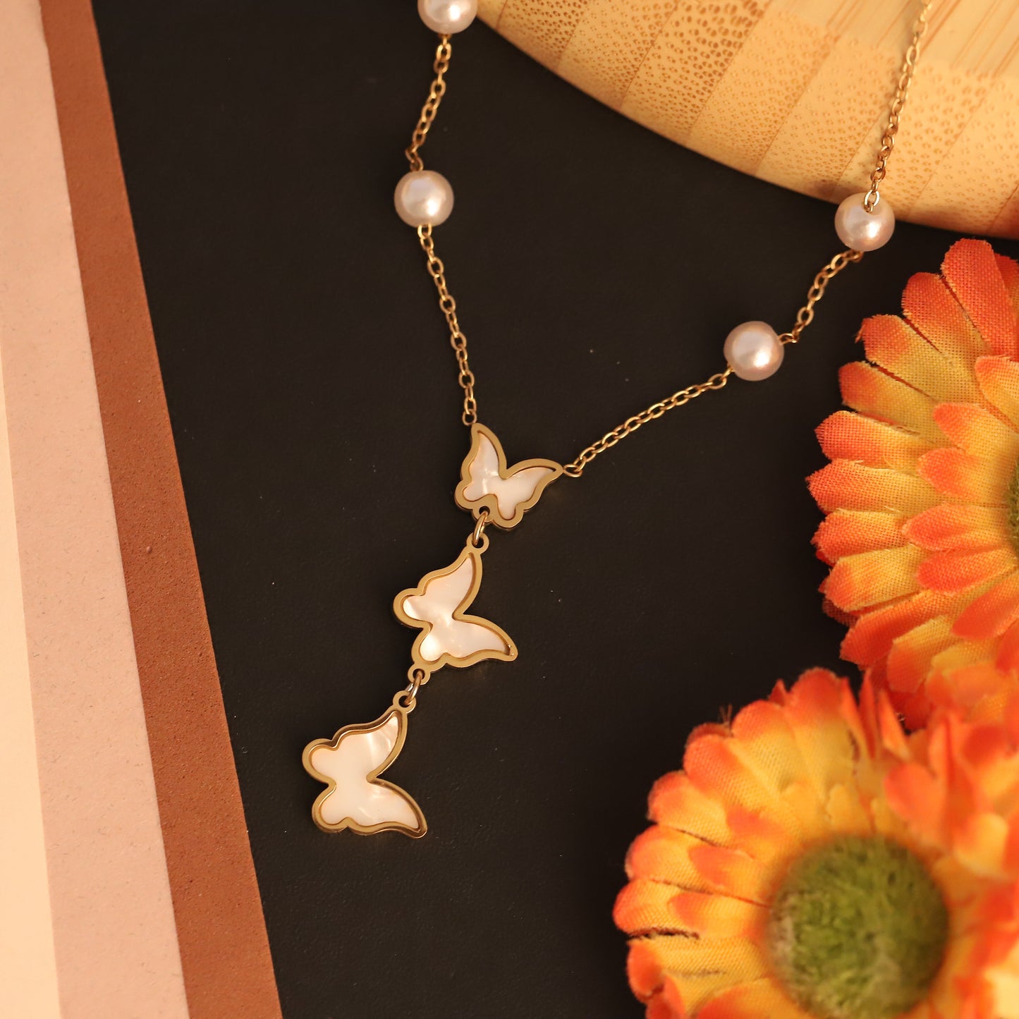 Cascading Mother of Pearl Butterfly Necklace | Gold Pearl Accent Jewelry
