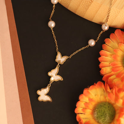 Cascading Mother of Pearl Butterfly Necklace | Gold Pearl Accent Jewelry