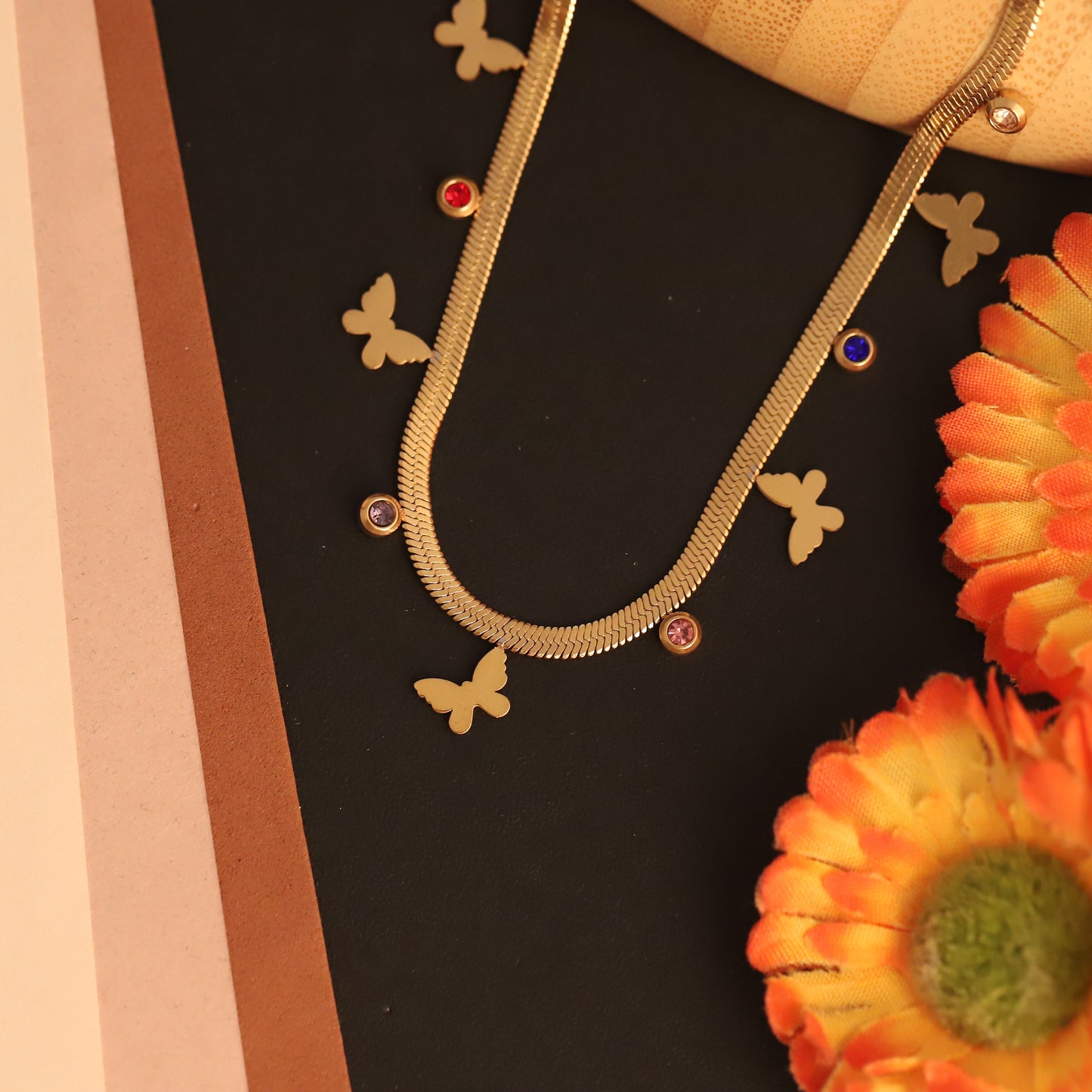 Gold Plated Snake Chain Necklace with Butterfly Charms & Colorful CZ Stones | Dainty Summer Jewelry