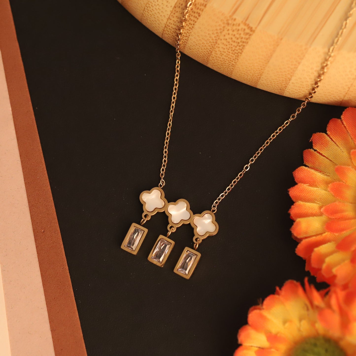 Layered Clover & Baguette Crystal Necklace | Gold Lucky Charm Jewelry