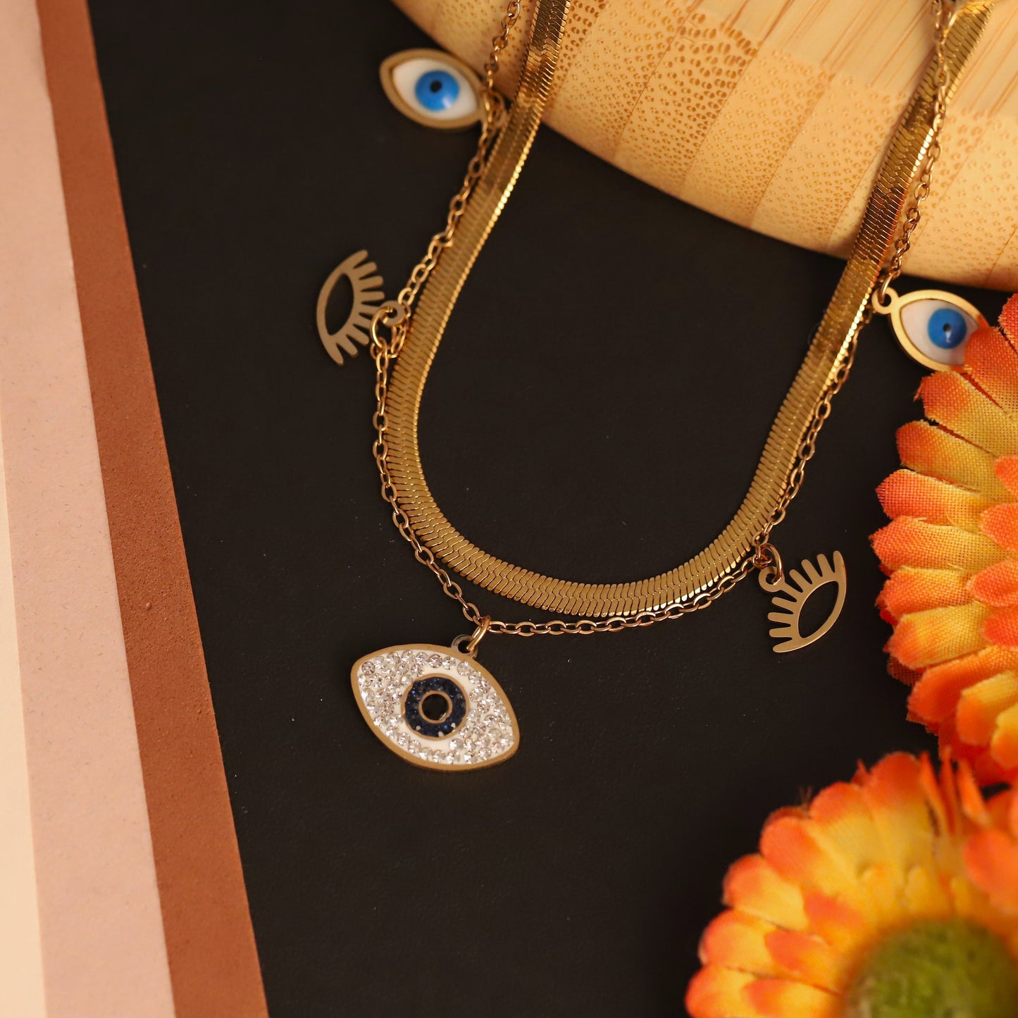 Gold Layered Evil Eye Necklace - Herringbone & Charm Lucky Jewelry