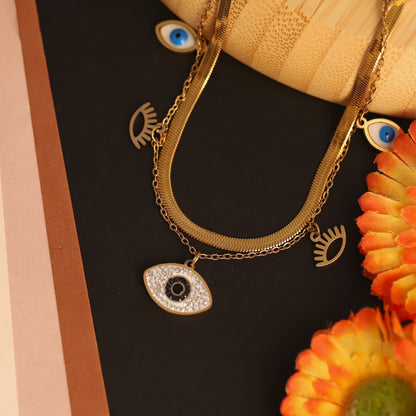 Gold Layered Evil Eye Necklace - Herringbone & Charm Lucky Jewelry