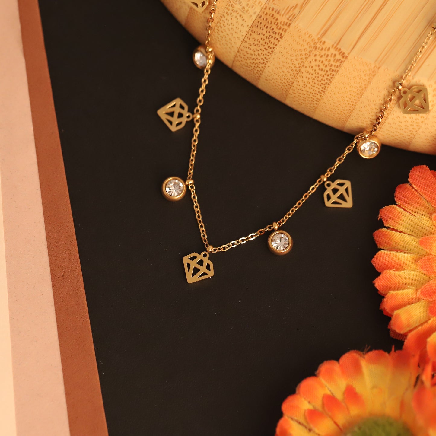 Dainty Gold Plated Diamond & Geometric Charm Necklace | Everyday Elegance Jewelry
