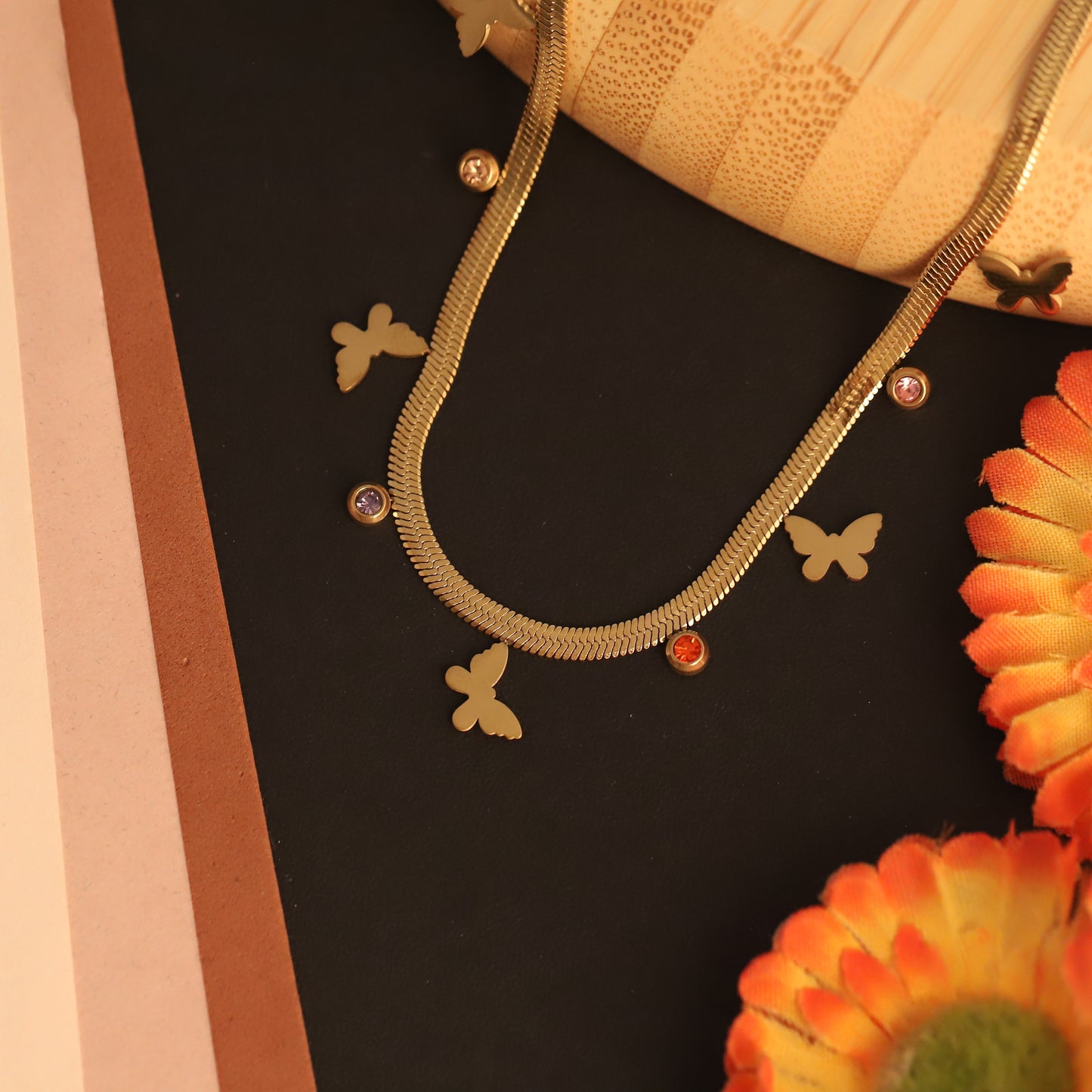 Gold Butterfly & Gemstone Snake Chain Necklace - Stainless Steel | Dainty Whimsical Jewelry