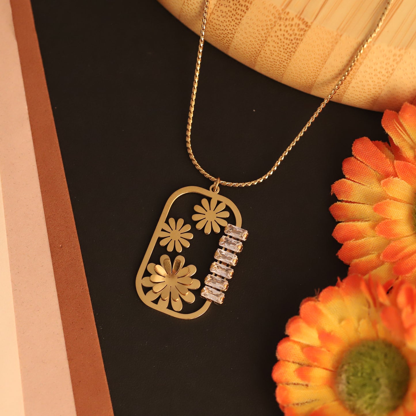 Floral & Baguette Crystal Pendant Necklace | Gold Statement Jewelry