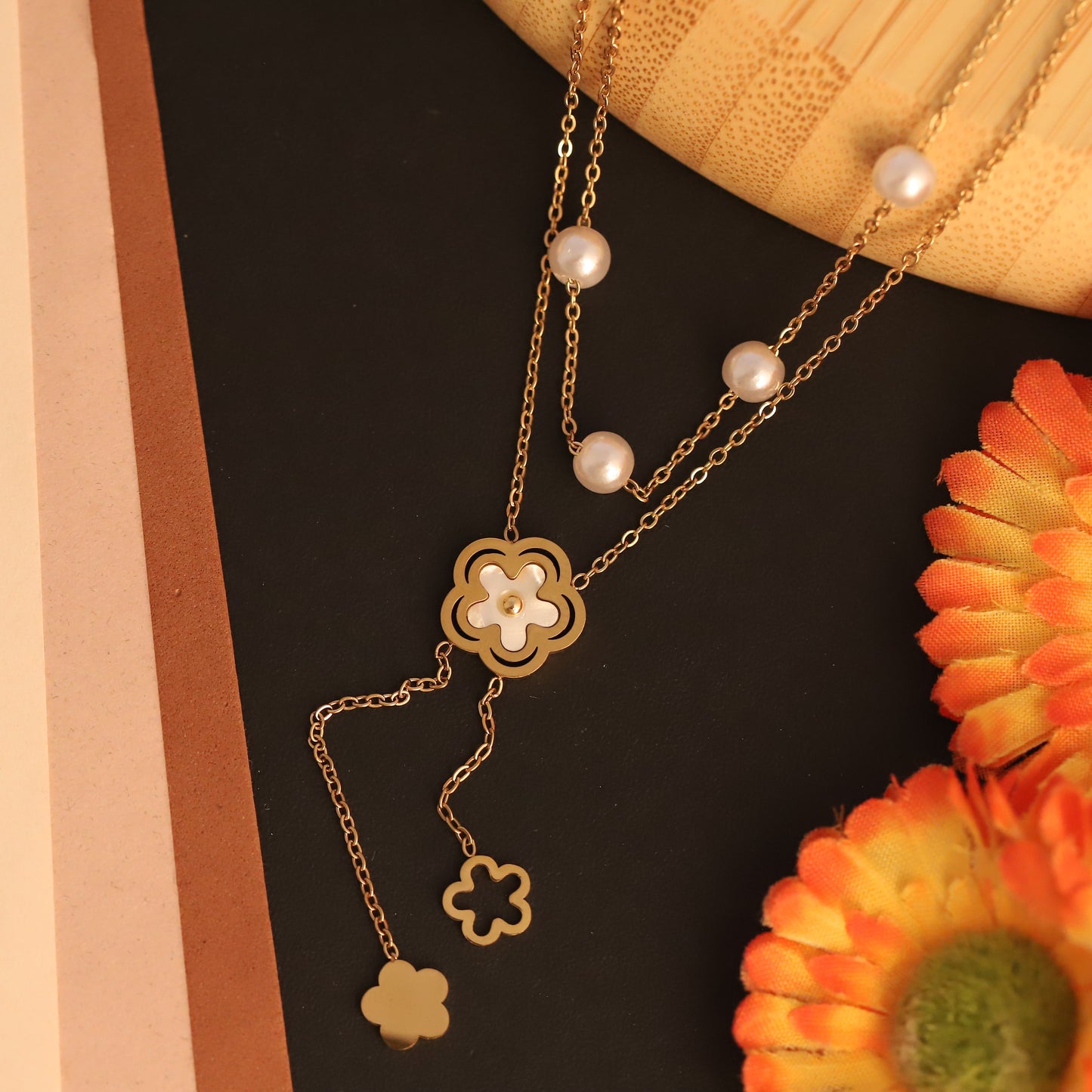 Elegant Layered Flower Lariat Necklace - Gold Plated with Faux Pearls