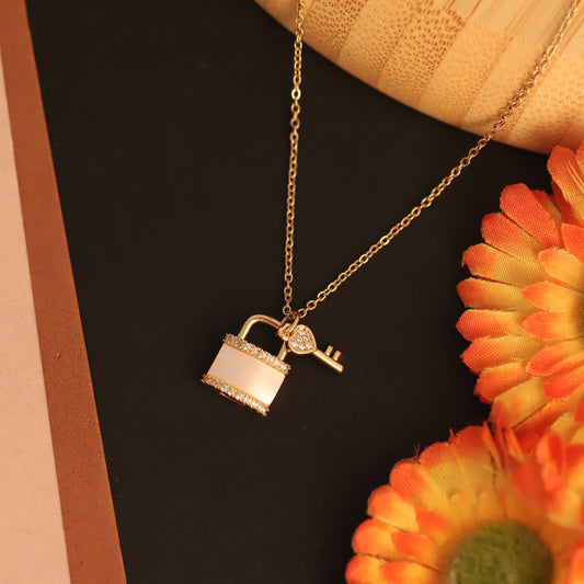 22K Gold Plated Lock & Key Necklace | Mother of Pearl & Diamond Accent Pendant