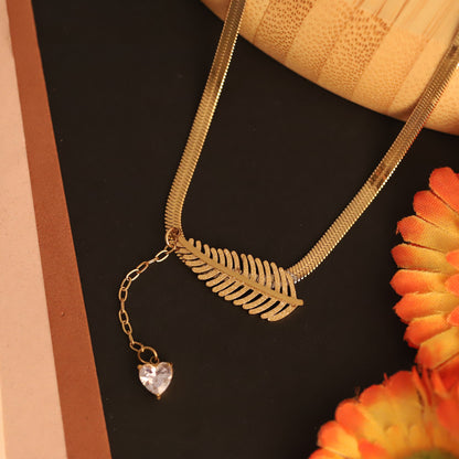 Feather & Heart Crystal Y Necklace | Gold Snake Chain Delicate Jewelry