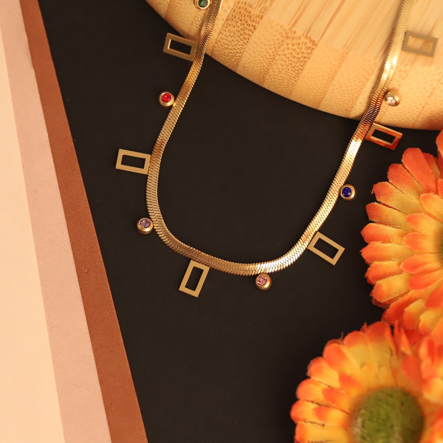 Gold Plated Snake Chain Necklace with Geometric Charms & Colorful CZ Stones | Modern Minimalist Jewelry
