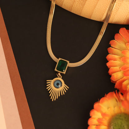 Evil Eye & Emerald Pendant Necklace | Gold Snake Chain Protection Jewelry