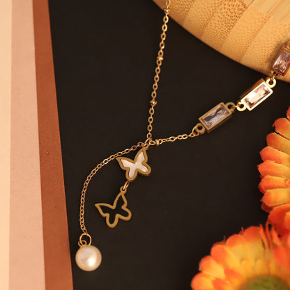 Asymmetrical Butterfly & Pearl Y Necklace | Gold Plated Jewelry