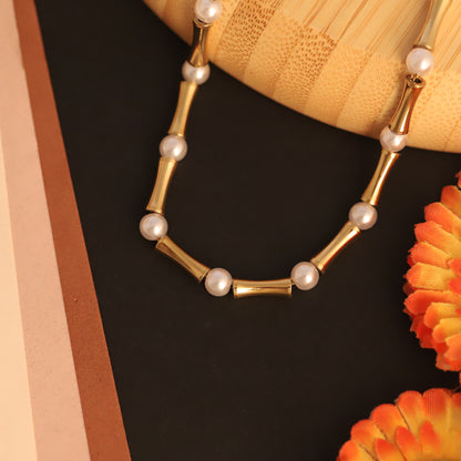 Gold Bamboo and Pearl Necklace - Elegant Beaded Statement Jewelry