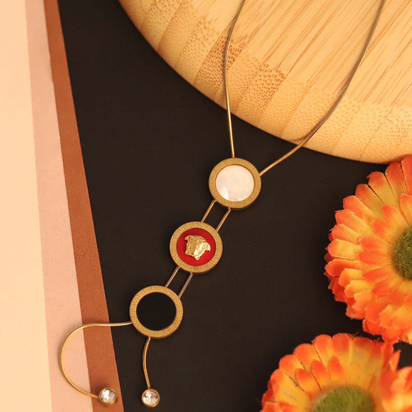 Gold Medusa Lariat Necklace - Red, Black & Pearl Charm Pendant