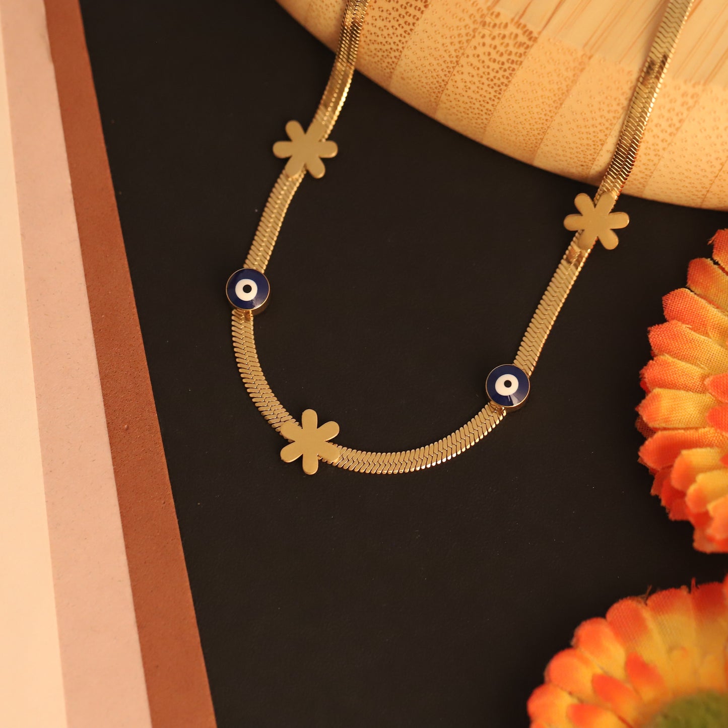 Gold Evil Eye & Flower Charm Snake Chain Necklace - Stainless Steel | Protection Jewelry