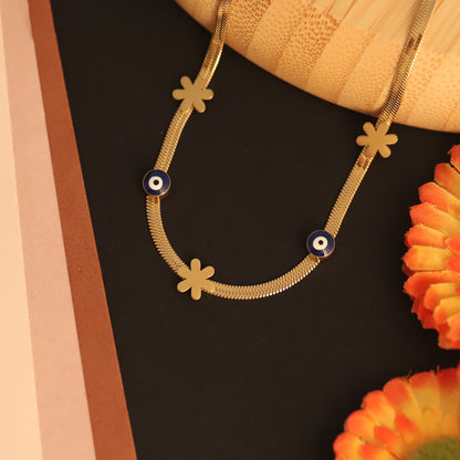 Gold Evil Eye & Flower Charm Snake Chain Necklace - Stainless Steel | Protection Jewelry