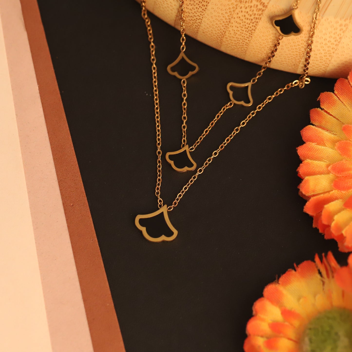 Layered Clover Fan Necklace | Gold Black Enamel Dainty Jewelry