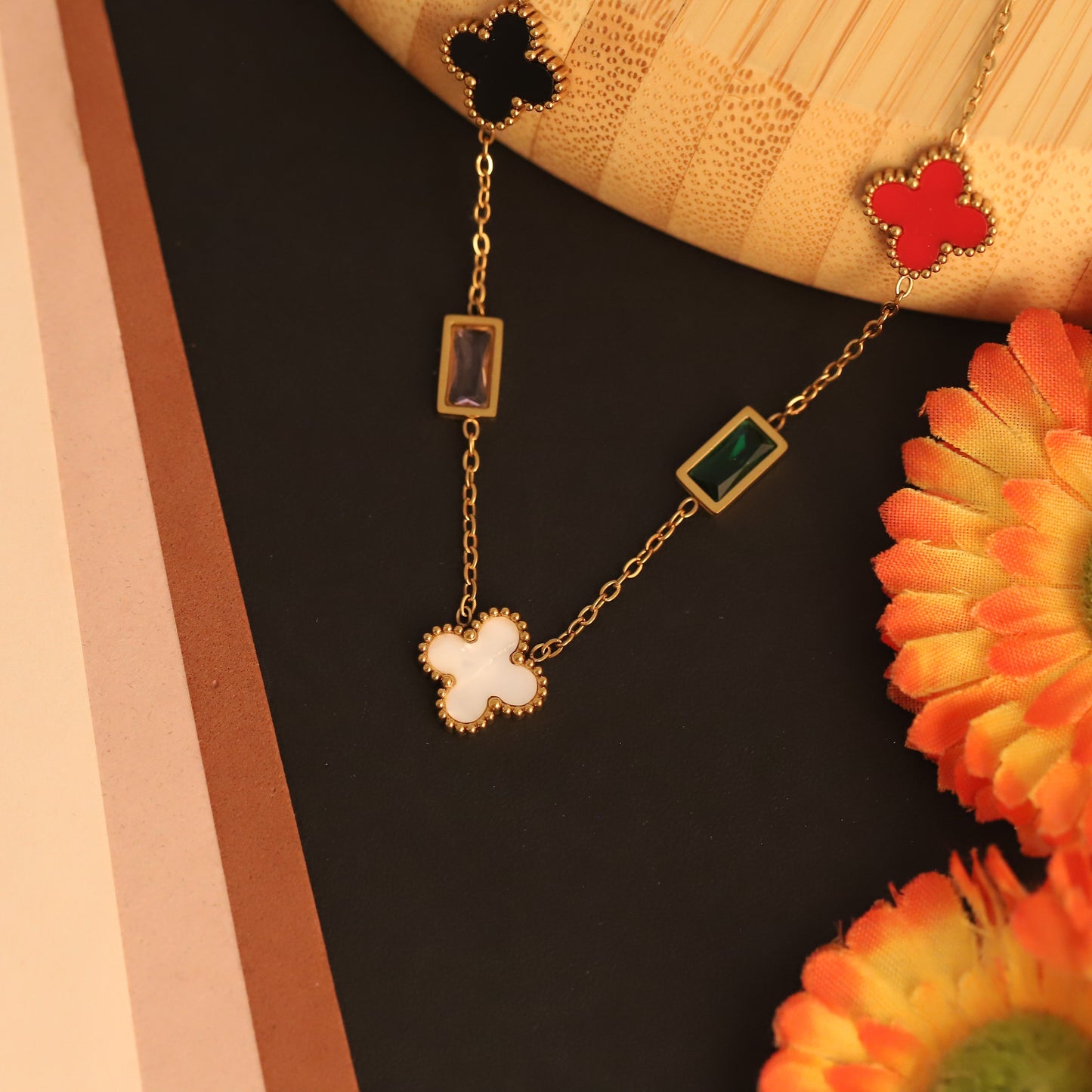 Multicolor Clover & Gemstone Necklace | Gold Lucky Charm Jewelry