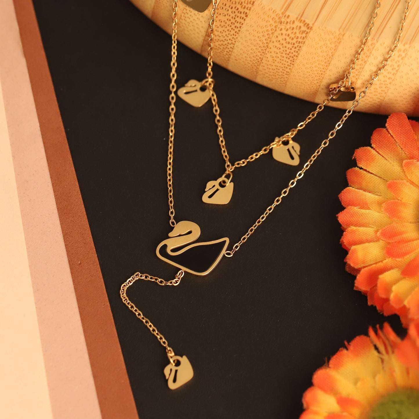 Layered Gold Swan Necklace | Black Enamel Pendant | Elegant Bird Jewelry for Women