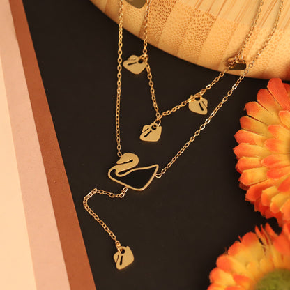 Layered Gold Swan Necklace | Black Enamel Pendant | Elegant Bird Jewelry for Women