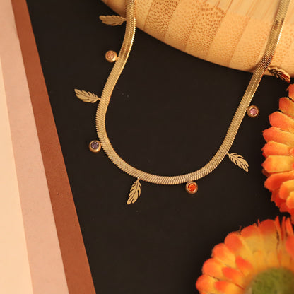 Gold Plated Snake Chain Necklace with Feather Charms & Colorful CZ Stones | Boho Chic Dainty Jewelry