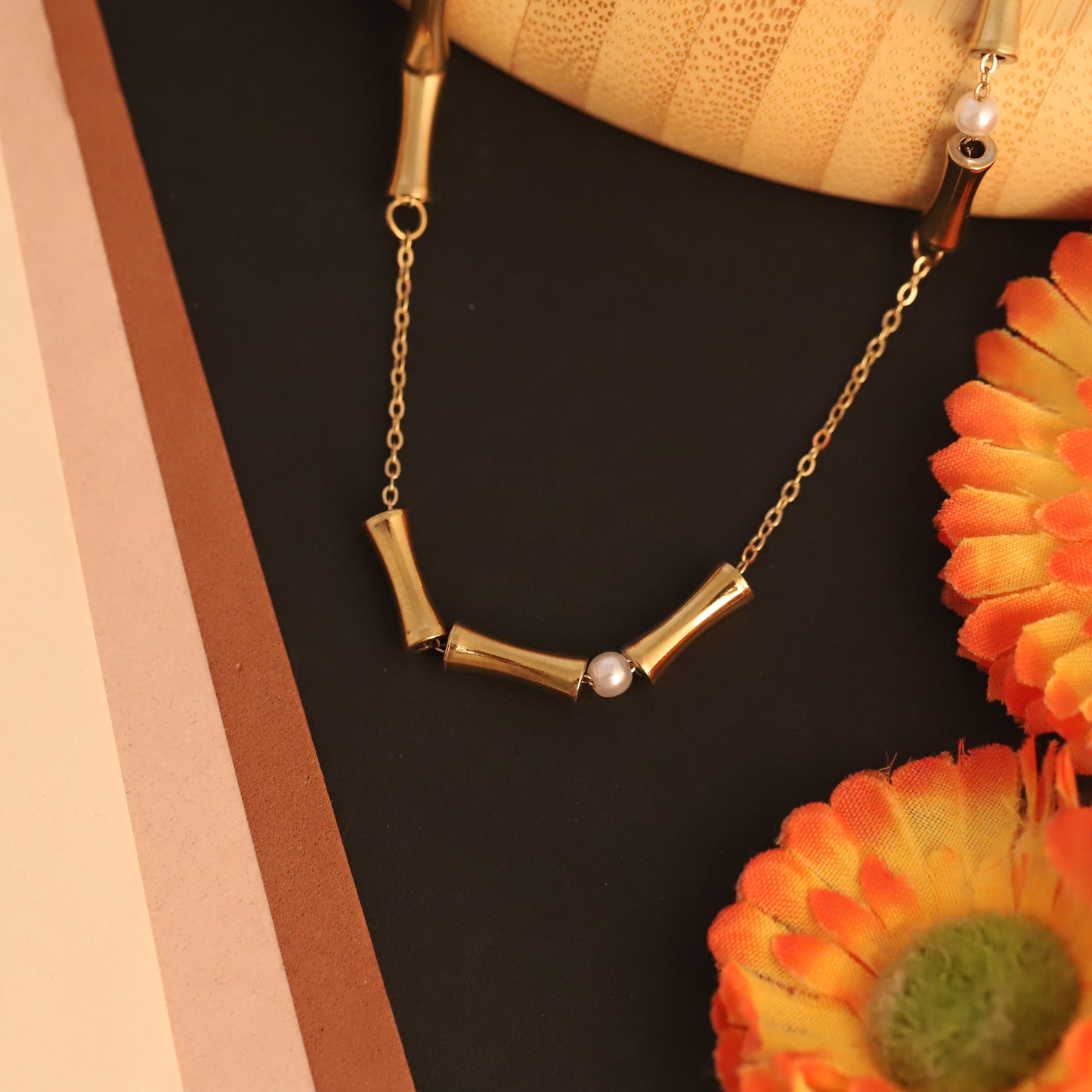 Gold Bamboo & Pearl Necklace - Modern & Minimalist Choker