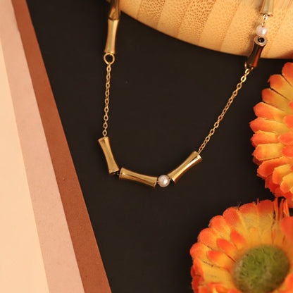 Gold Bamboo & Pearl Necklace - Modern & Minimalist Choker