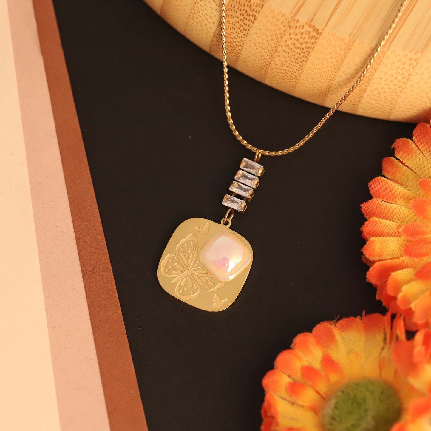 Butterfly Mother of Pearl & Crystal Necklace | Gold Unique Pendant