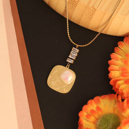 Butterfly Mother of Pearl & Crystal Necklace | Gold Unique Pendant