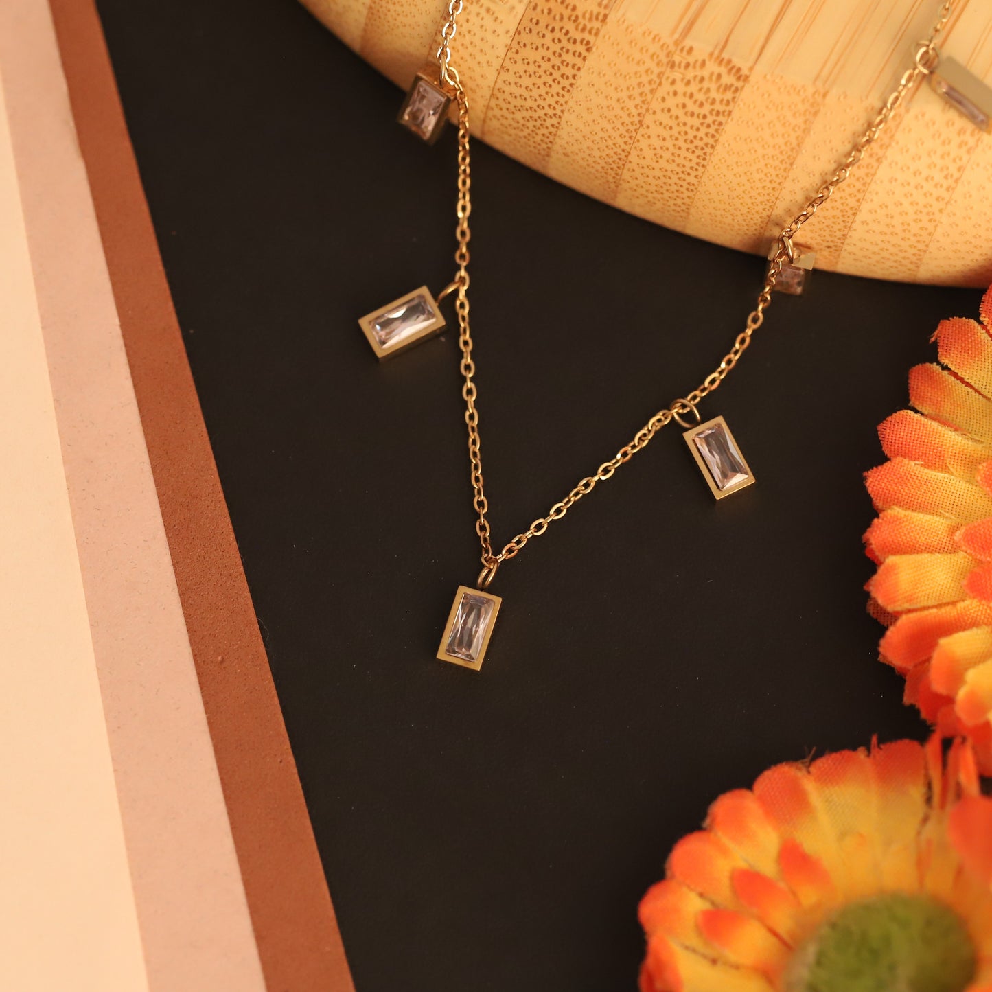 Dainty Gold & Crystal Rectangle Charm Necklace | Minimalist Dangle Choker