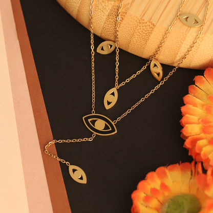 Gold Tone Evil Eye Layered Necklace | Black Enamel Protection Jewelry | Modern Dainty Pendant