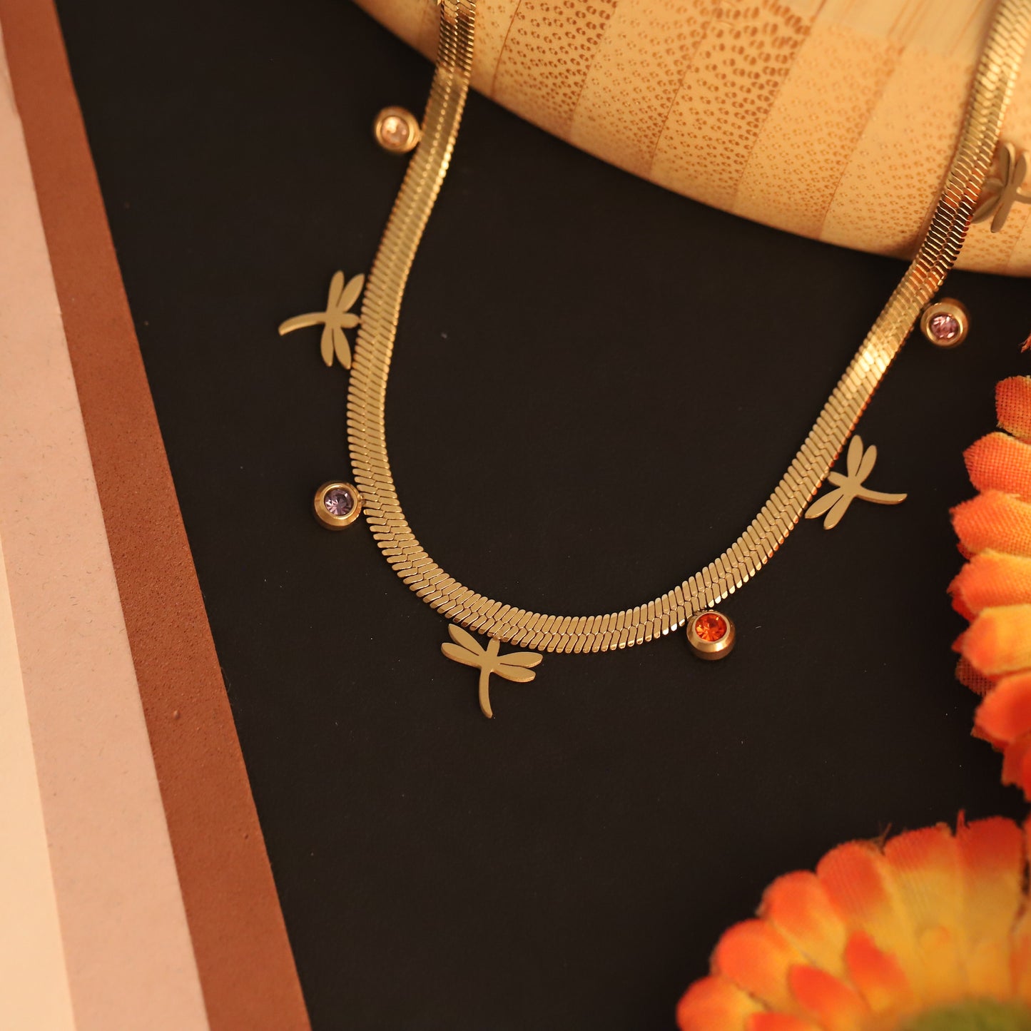 Gold Plated Snake Chain Necklace with Dragonfly Charms & Colorful CZ Stones | Dainty Nature Jewelry