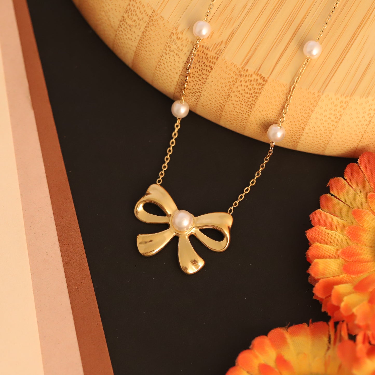 Elegant Gold Plated Bow Necklace with Pearl Accents | Dainty Ribbon & Pearl Jewelry
